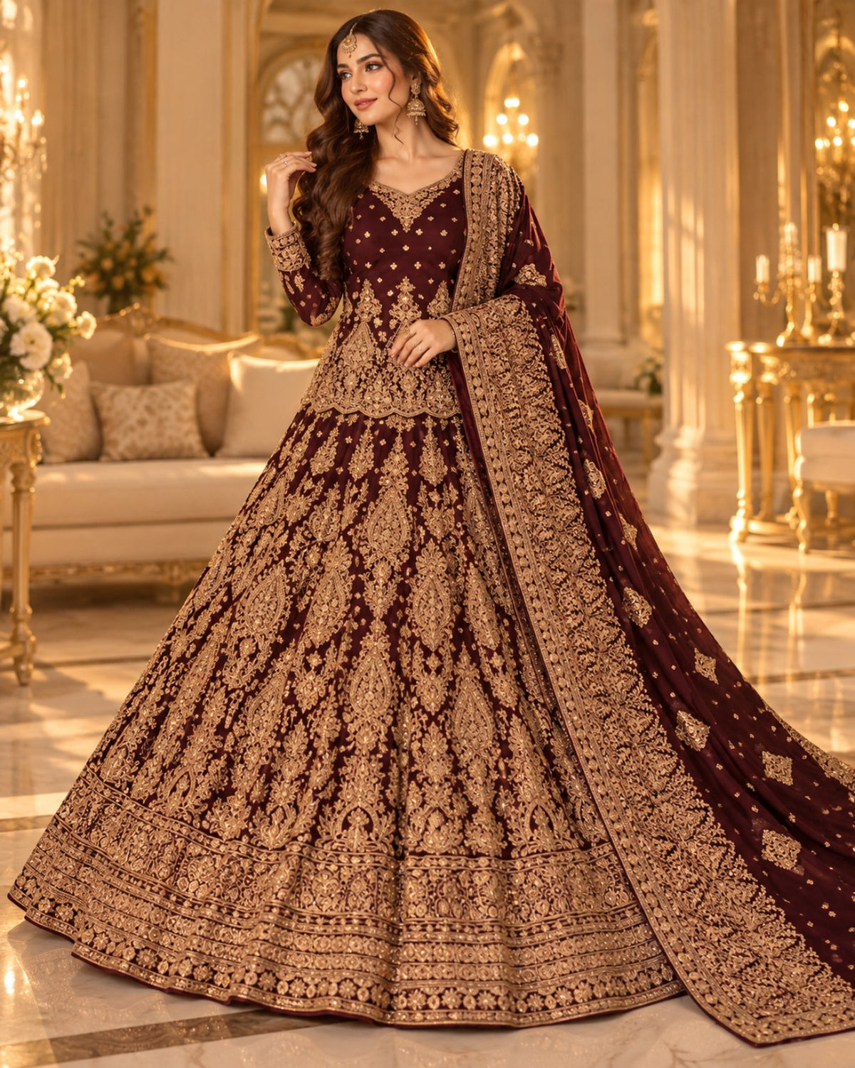 Gul-e-Shah maroon chiffon unstitched bridal lehenga with golden zari embroidery and stone embellishments