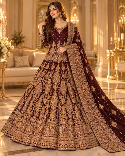 Gul-e-Shah maroon chiffon unstitched bridal lehenga with golden zari embroidery and stone embellishments