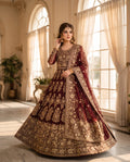 Maroon chiffon maxi with golden zari embroidery and stone work, 4-piece formal outfit