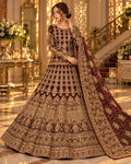 Mehr-e-Shahi unstitched maroon chiffon bridal lehenga with intricate golden zari embroidery and stone work