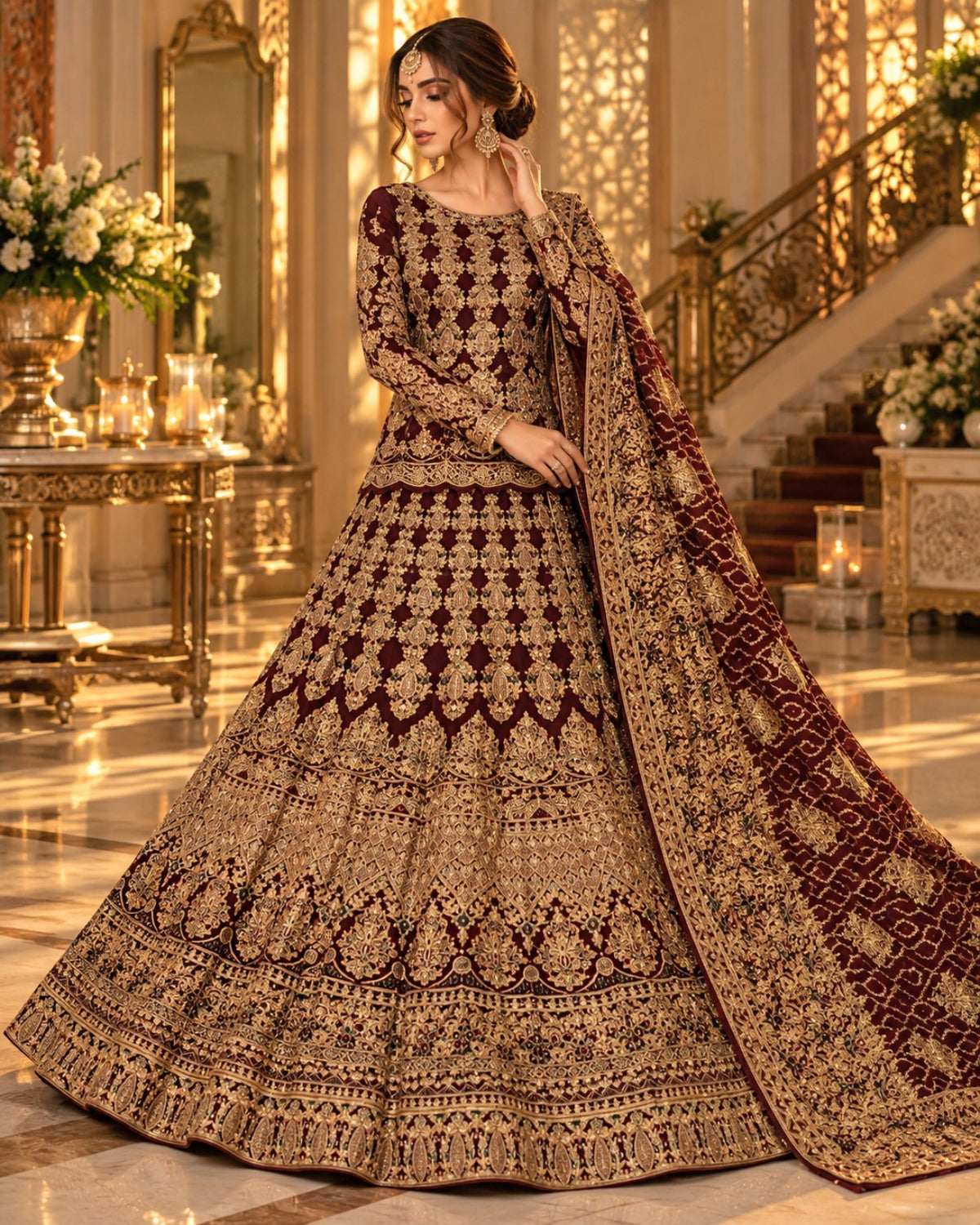 Mehr-e-Shahi unstitched maroon chiffon bridal lehenga with intricate golden zari embroidery and stone work