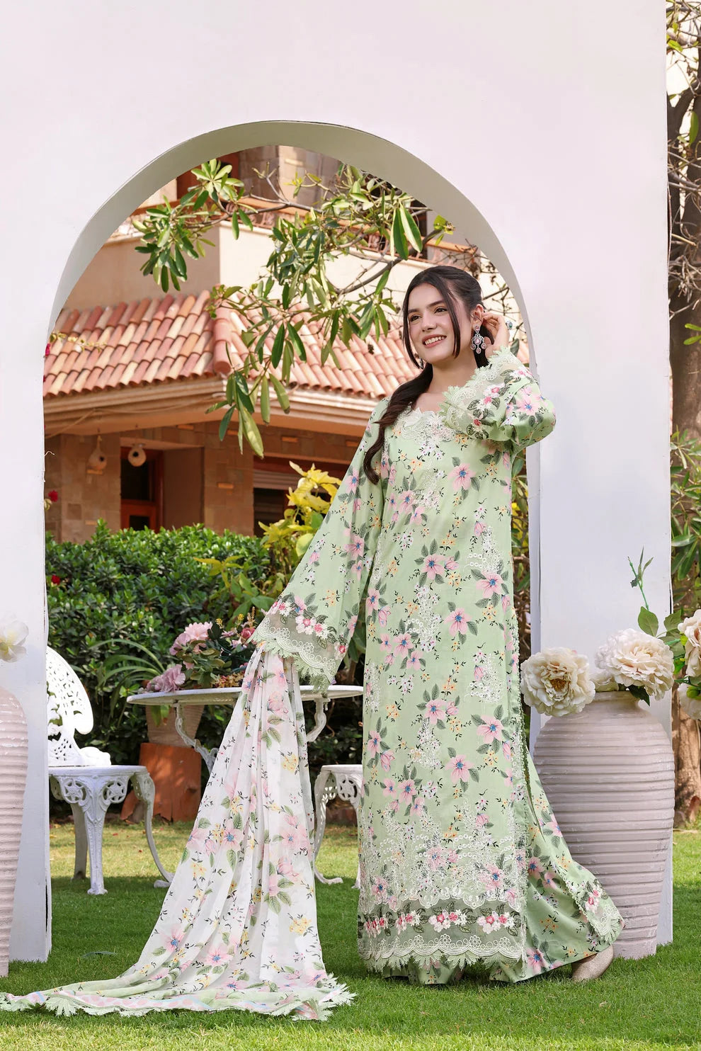 Aneelas UnStitched Lawn Print Emb 3pc with Chiffon Duppata