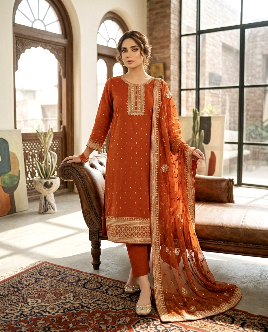 Festive Cotton Embroidered 3pcs (Unstitched)