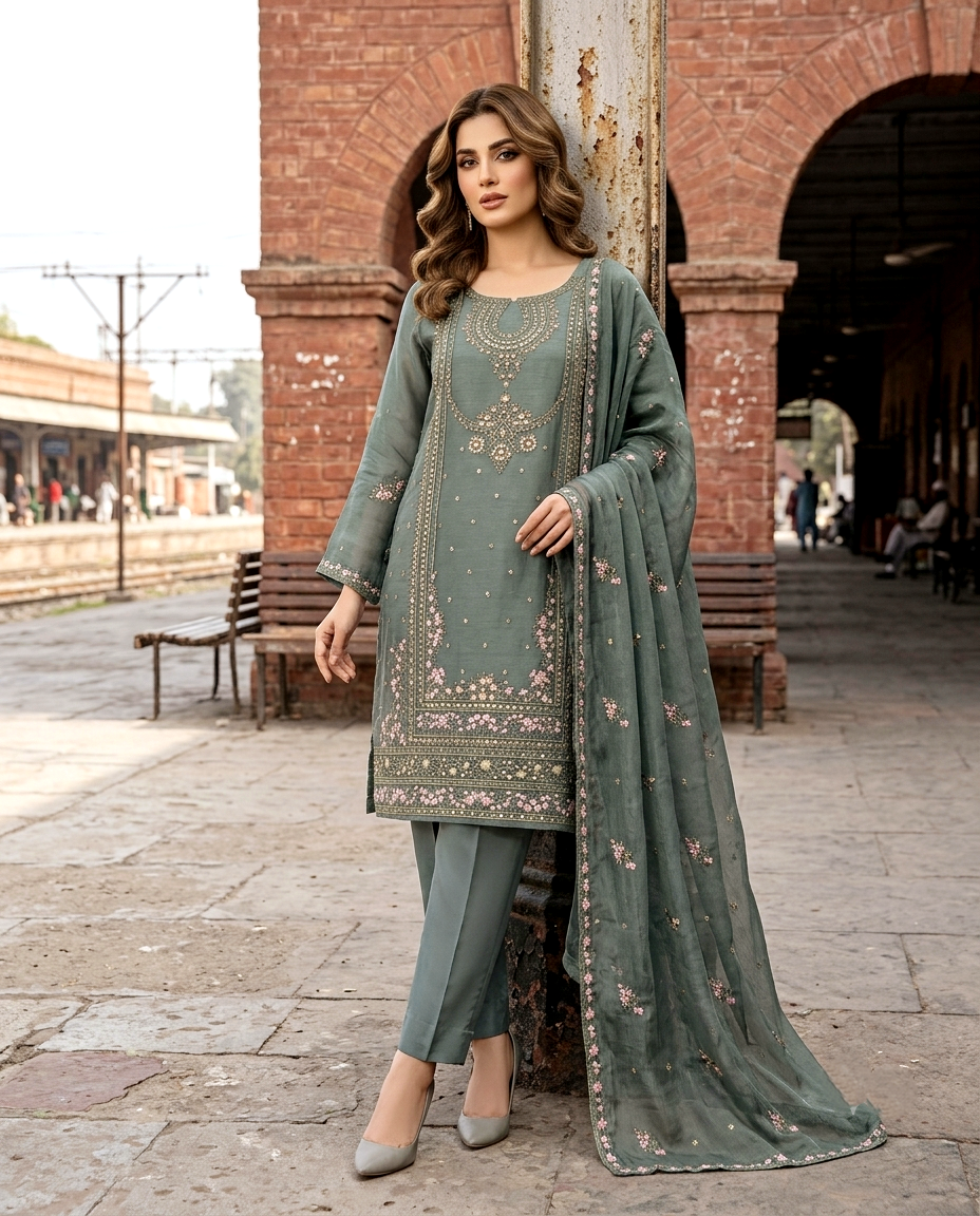 Azure Serenade 3 Pcs Embroidered Suit