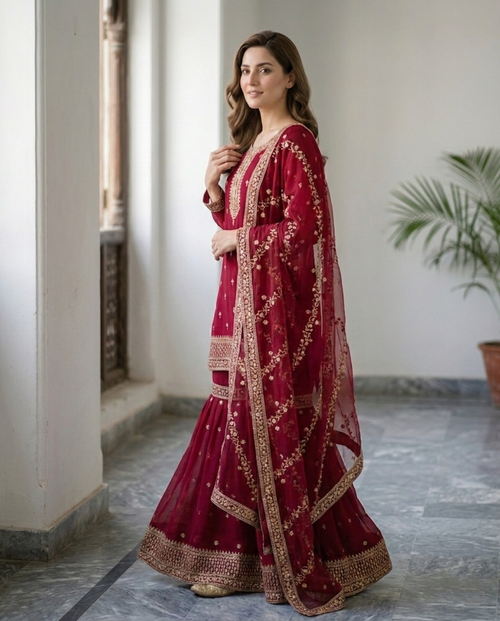 Chiffon Golden Zari Gharara Set (Stitched)