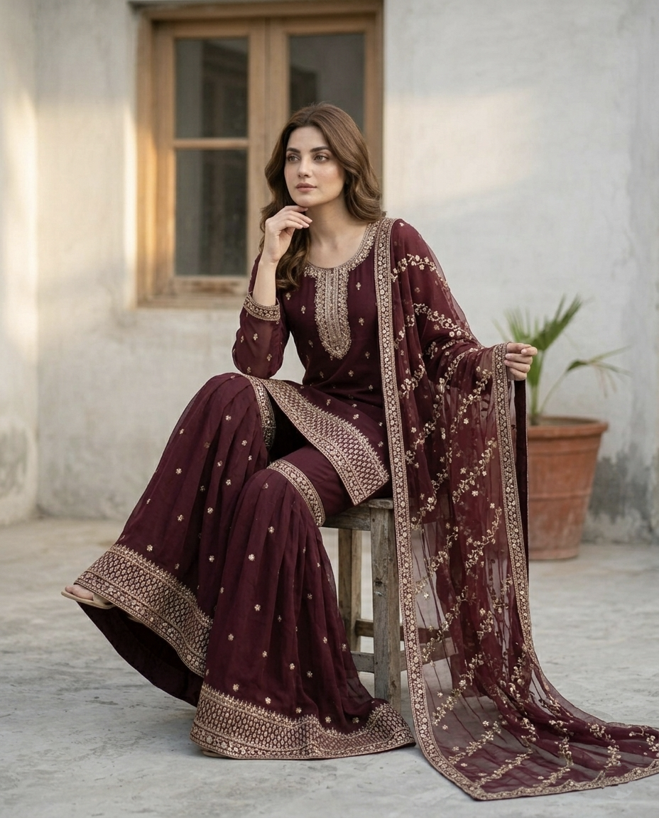 Chiffon Golden Zari Gharara Set (Stitched)