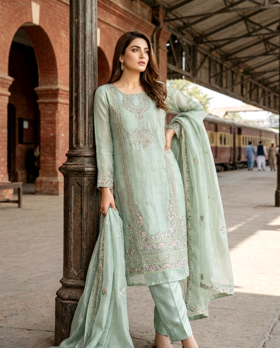 Azure Serenade 3 Pcs Embroidered Suit