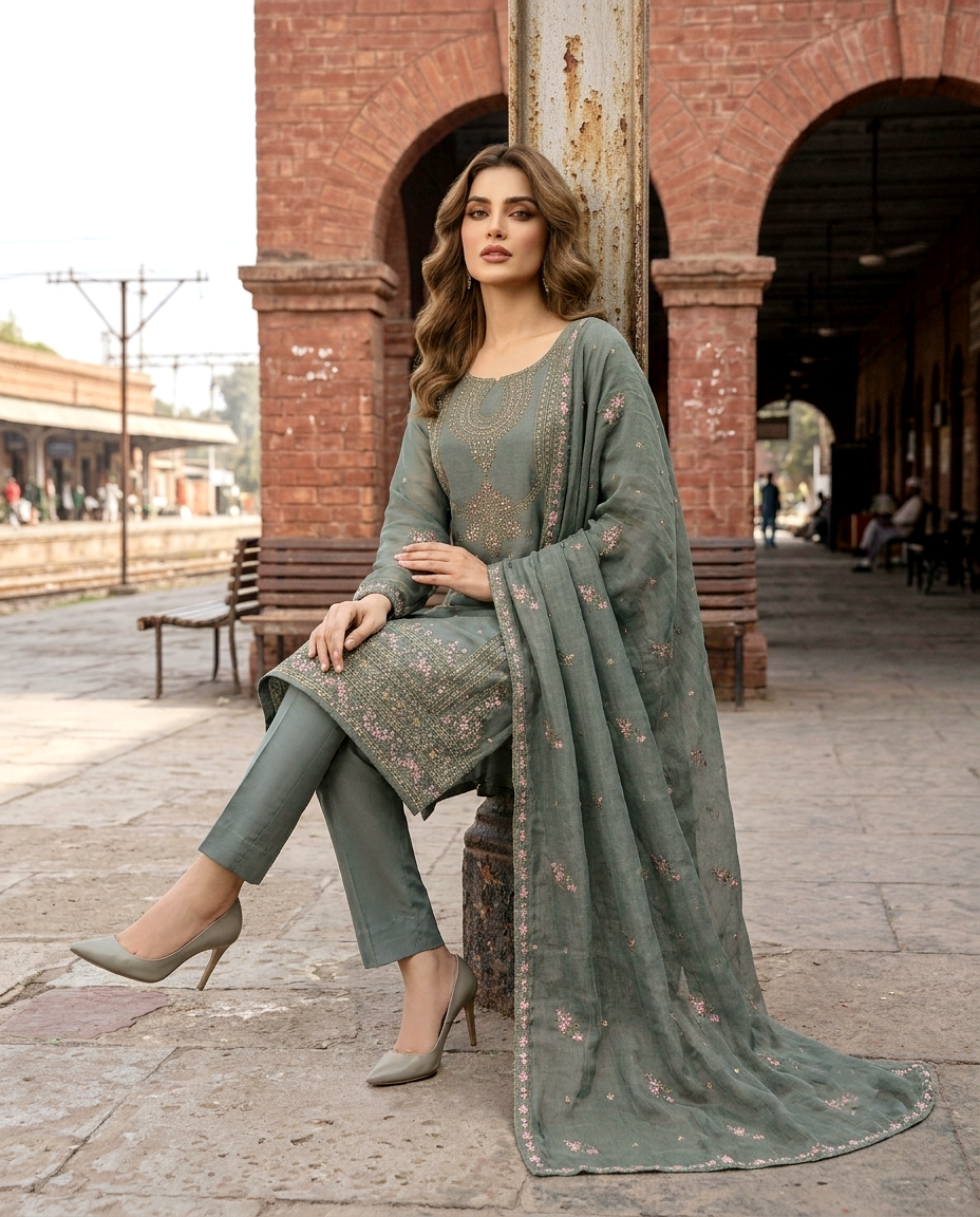 Azure Serenade 3 Pcs Embroidered Suit