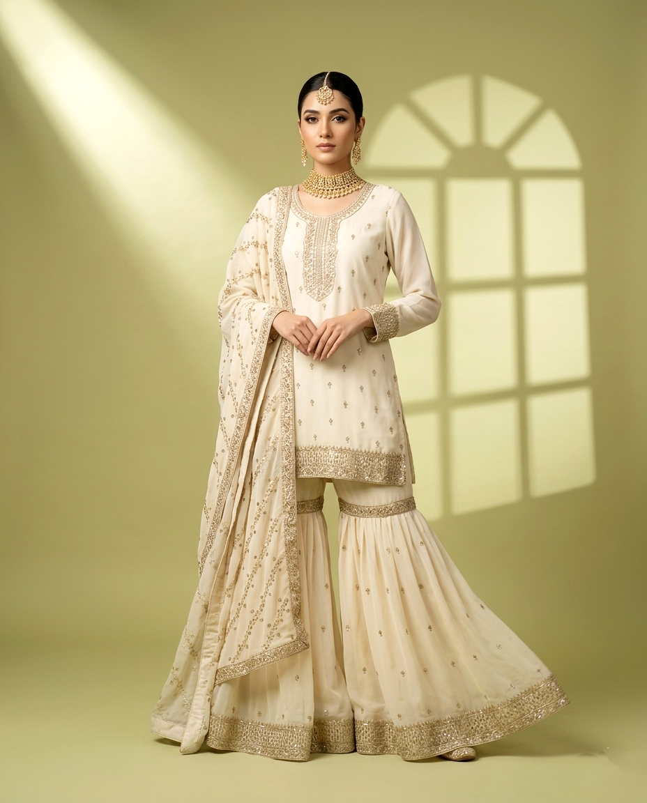 Chiffon Golden Zari Gharara Set (Stitched)