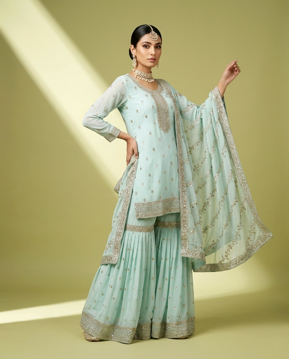 Chiffon Golden Zari Gharara Set (Stitched)