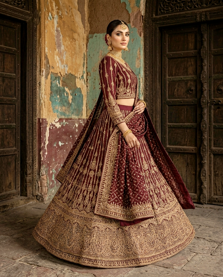 Vintage Wine Bridal Lehengha (Unstitched)