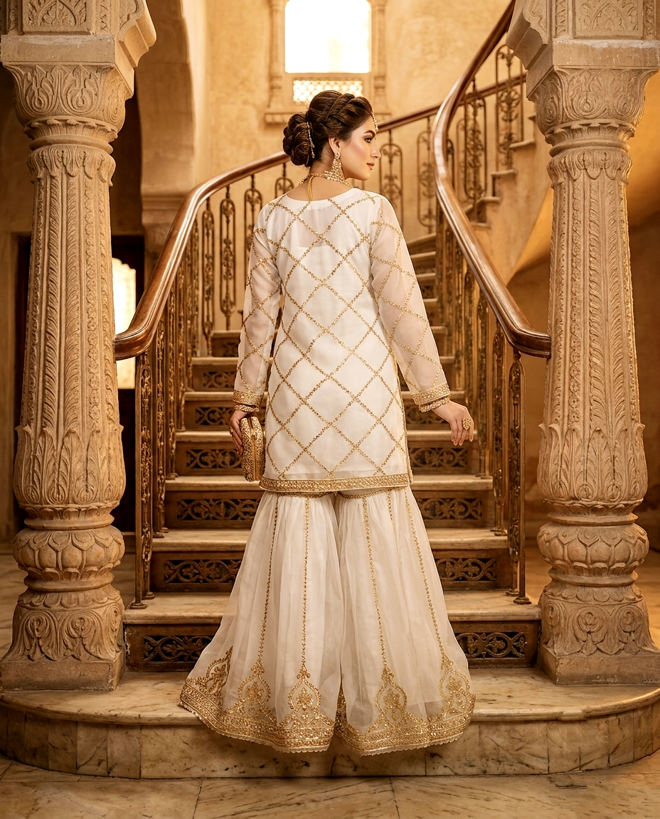 Afsaneh Ivory Organza Gharara Set