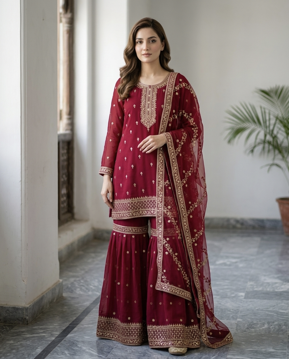 Chiffon Golden Zari Gharara Set (Stitched)