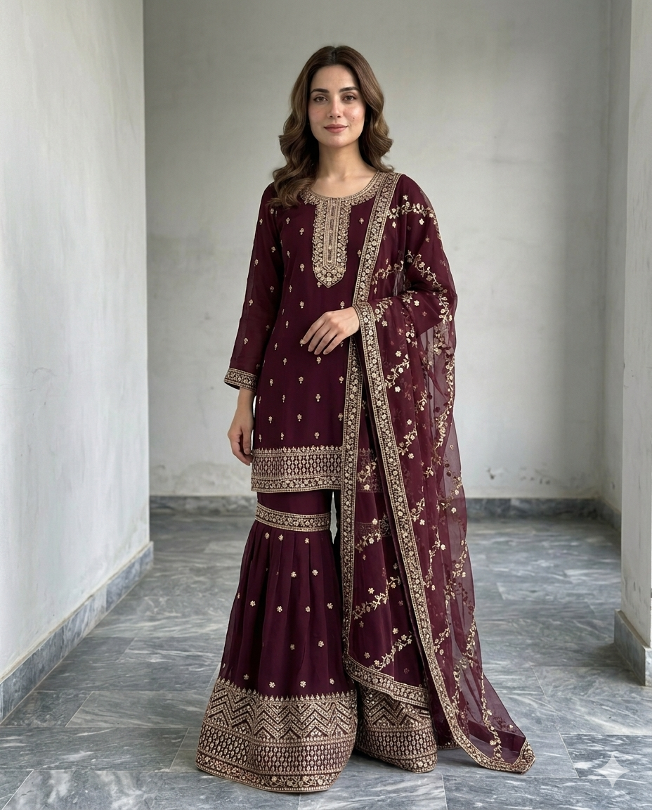 Chiffon Golden Zari Gharara Set (Stitched)