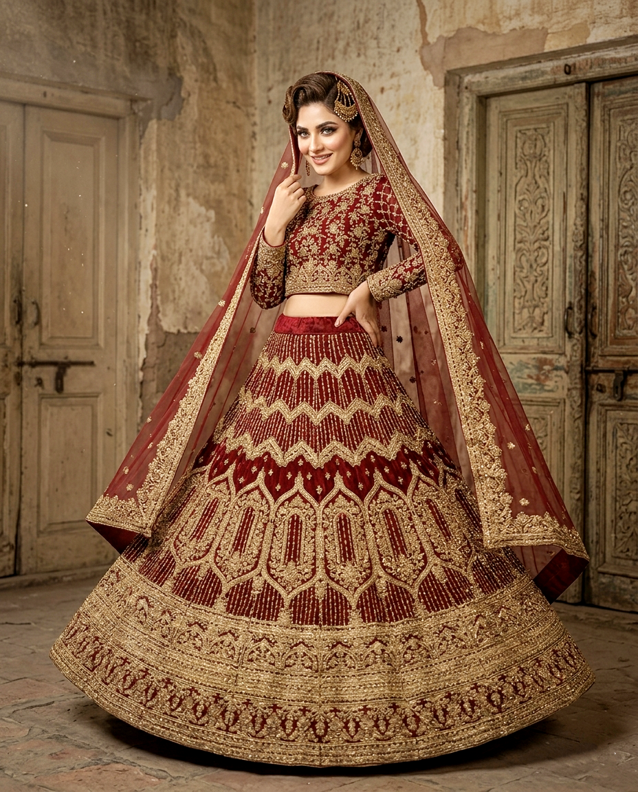 Crimson Gilded Lehenga Set (Unstitched)
