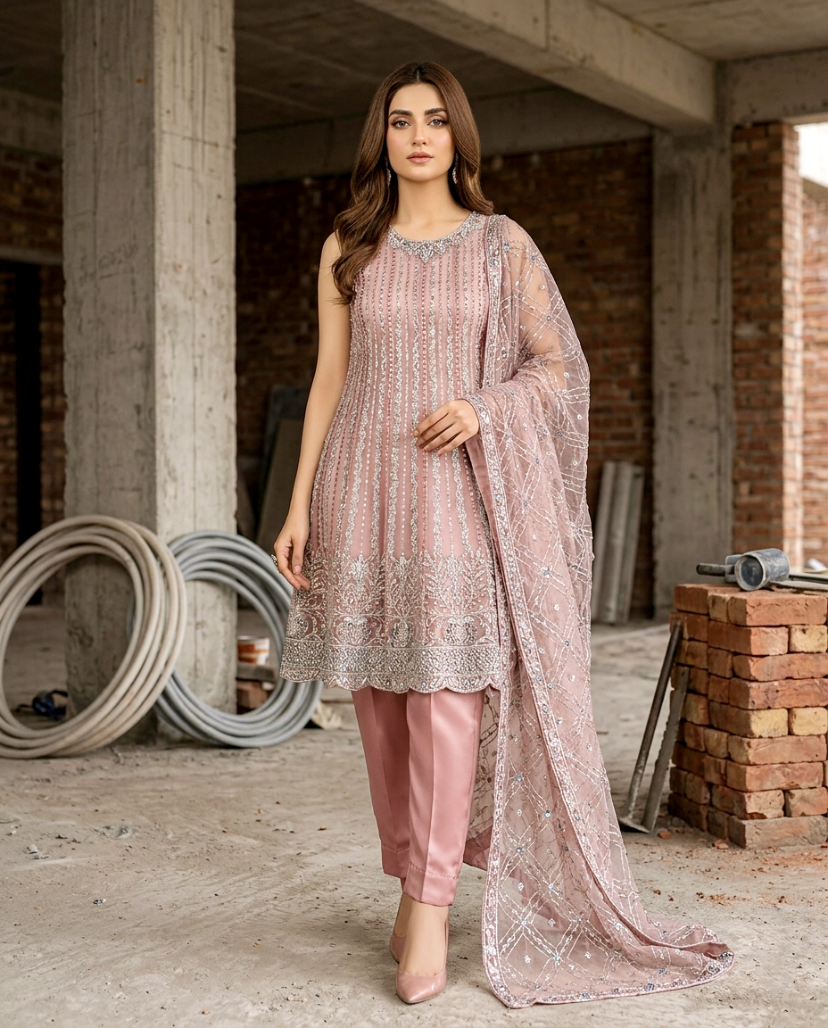 Zarnish 2 Net Short Frock (Semi Stitched)