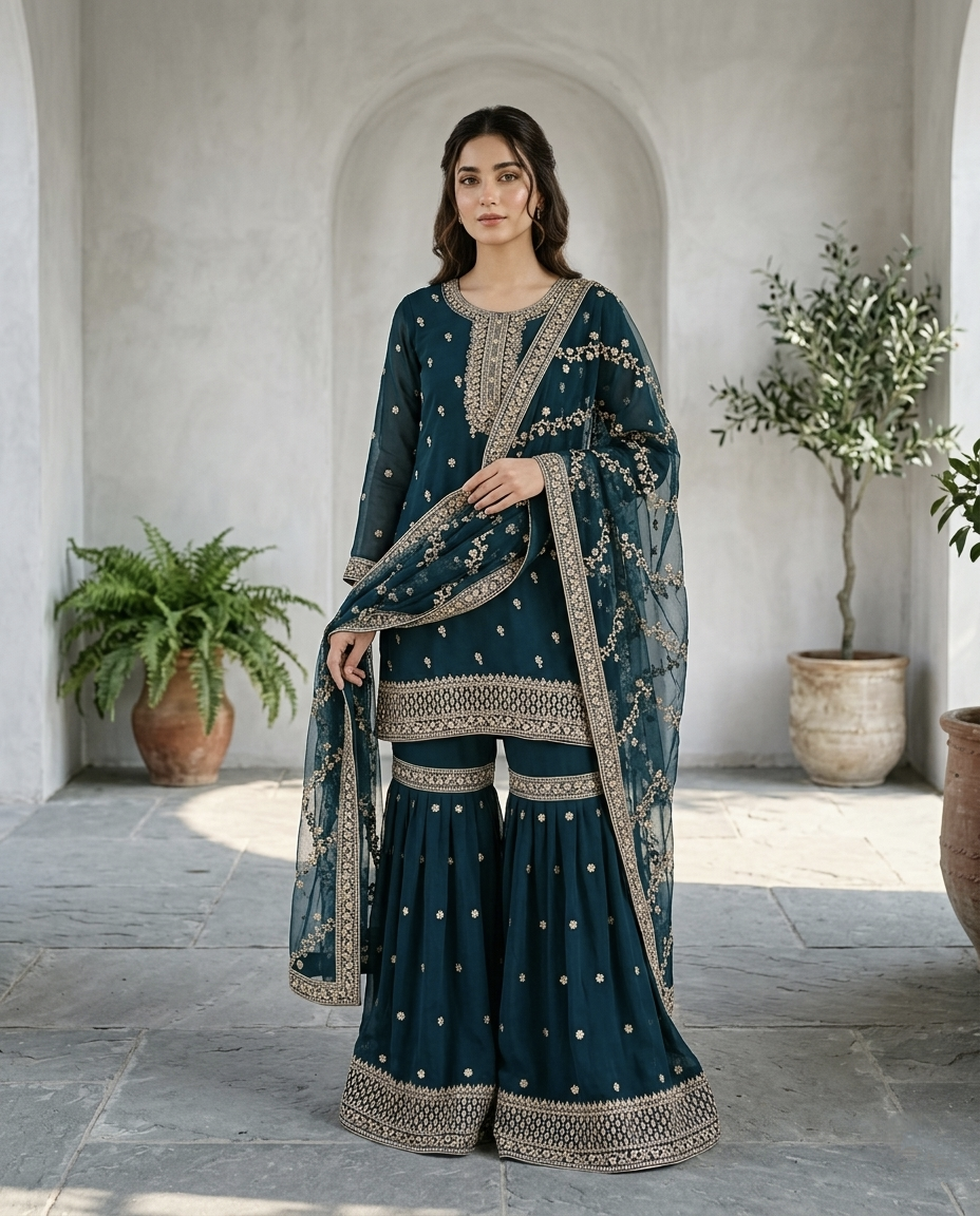 Chiffon Golden Zari Gharara Set (Stitched)