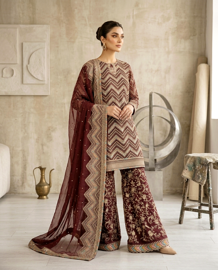 Multi Zari Embroidered Gharara Set (Unstitched)