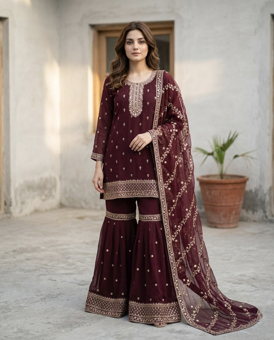 Chiffon Golden Zari Gharara Set (Stitched)