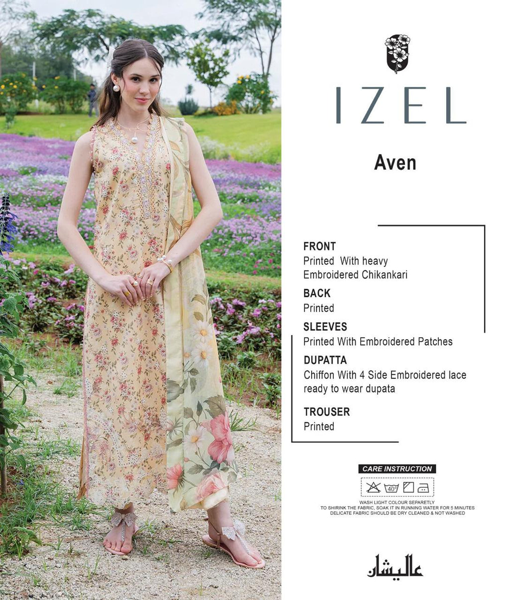 Izel Lawn Embroidered & Printed 3 Piece Dress