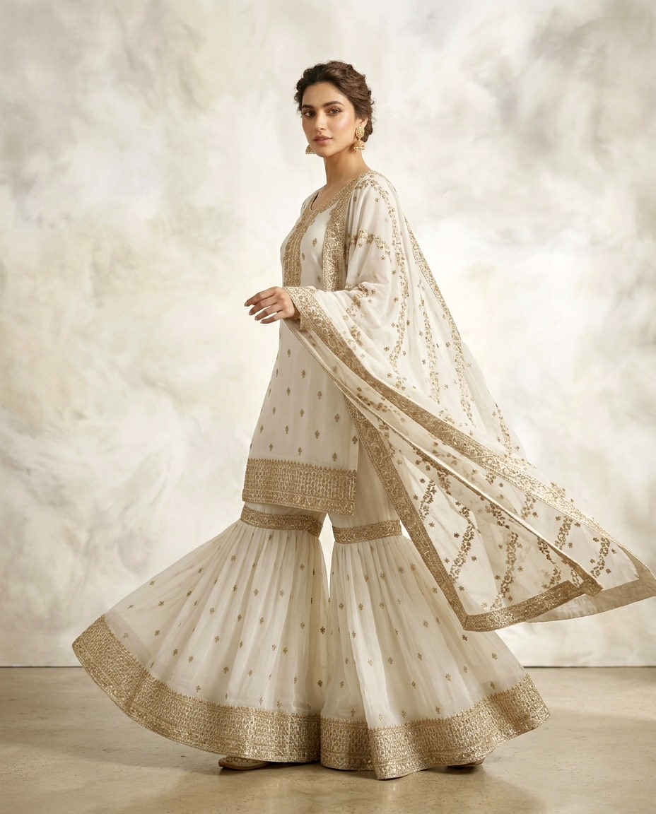 Chiffon Golden Zari Gharara Set (Stitched)