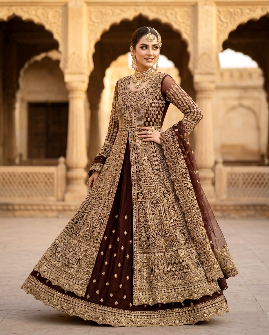 Mah-e-Meer Front Open Maxi With Lehengha