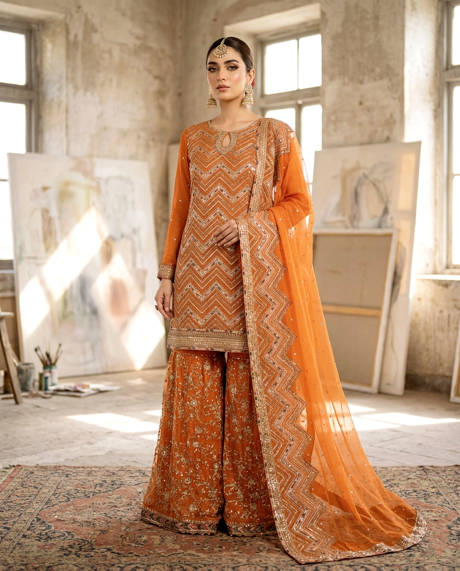 Multi Zari Embroidered Gharara Set (Unstitched)
