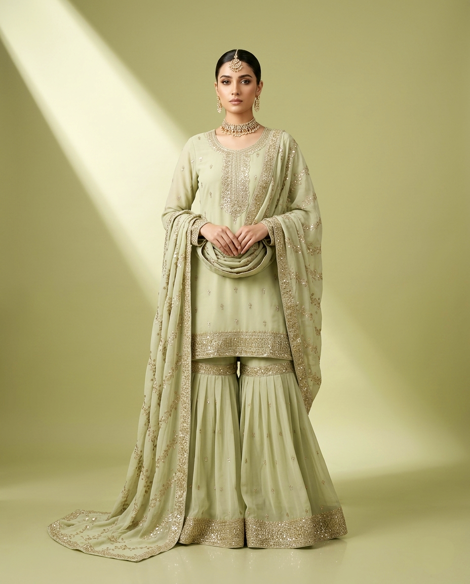 Chiffon Golden Zari Gharara Set (Stitched)