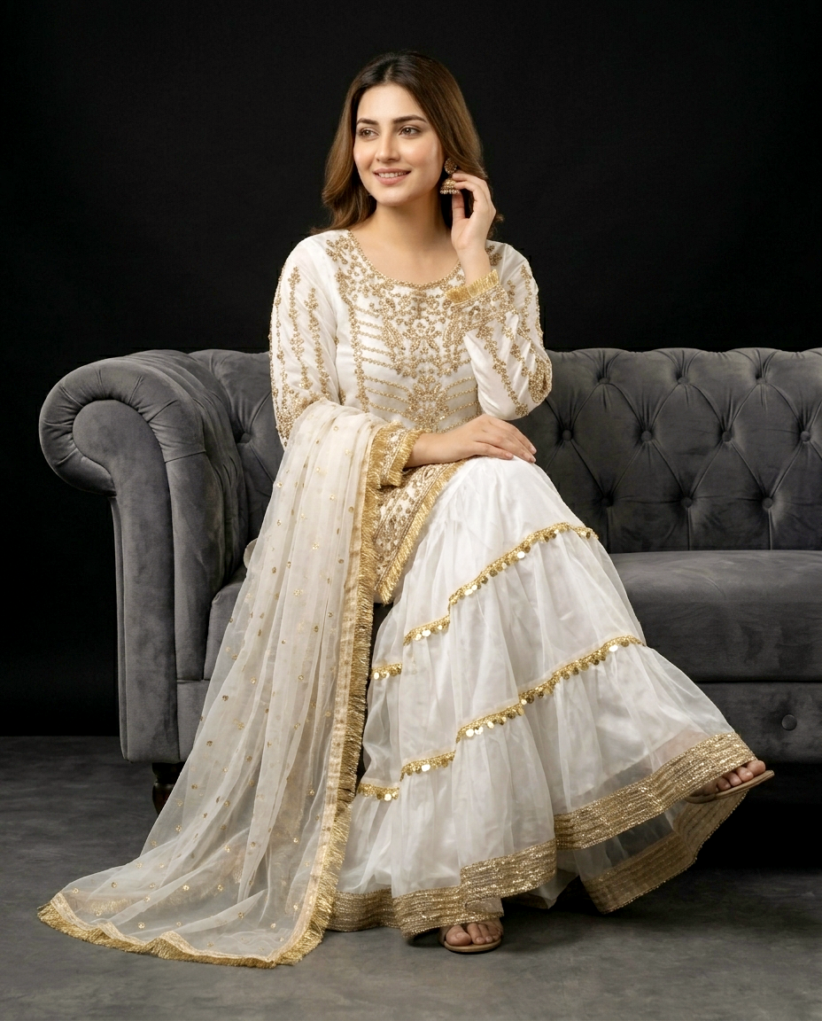 Pearl Glow Organza Gharara Set (Stitched)