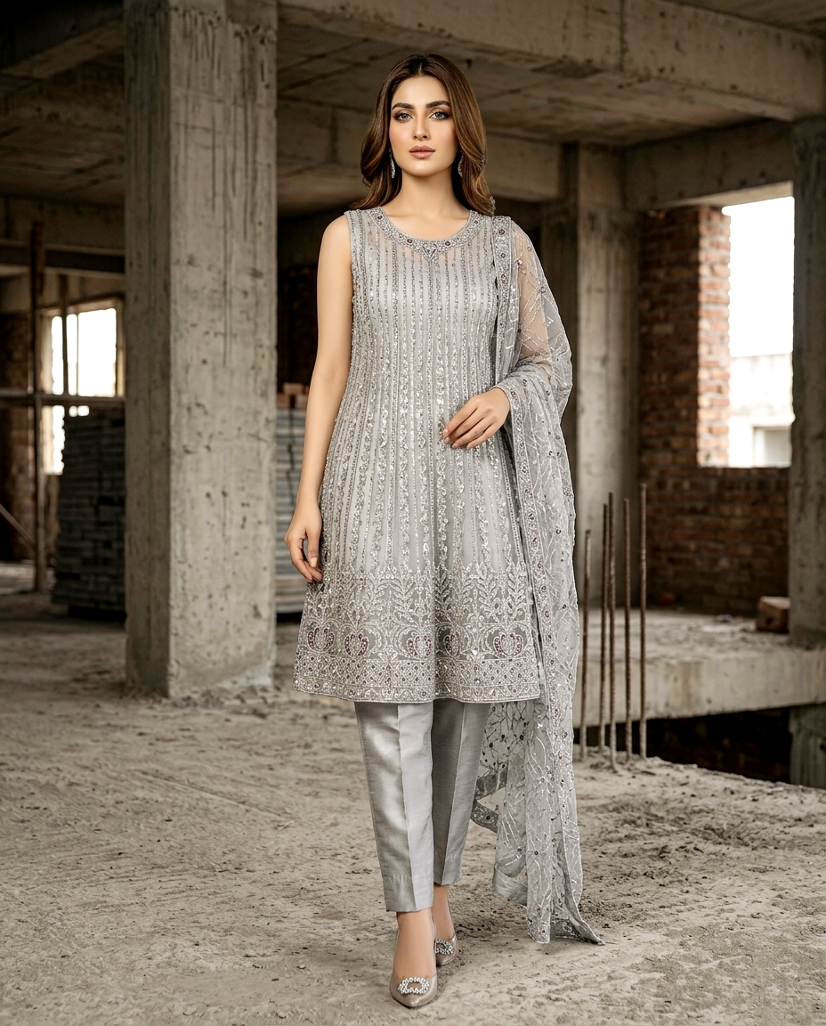 Zarnish 2 Net Short Frock (Semi Stitched)