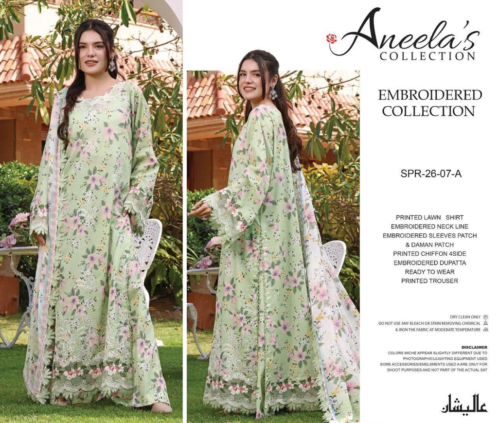 Aneelas UnStitched Lawn Print Emb 3pc with Chiffon Duppata