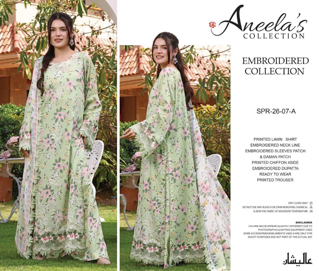 Aneelas UnStitched Lawn Print Emb 3pc with Chiffon Duppata