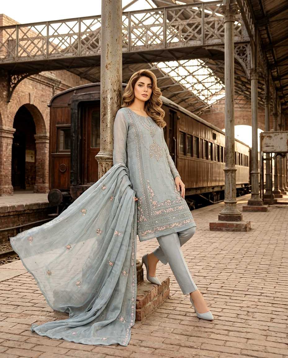 Azure Serenade 3 Pcs Embroidered Suit