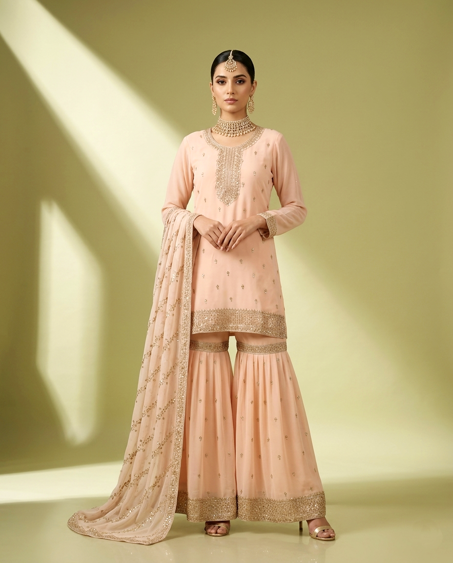 Chiffon Golden Zari Gharara Set (Stitched)