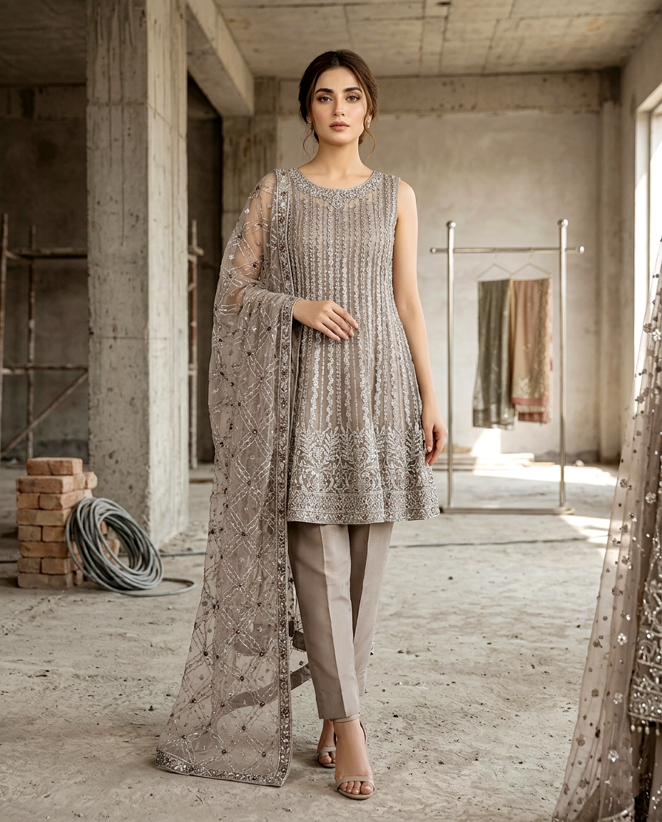 Zarnish 2 Net Short Frock (Semi Stitched)