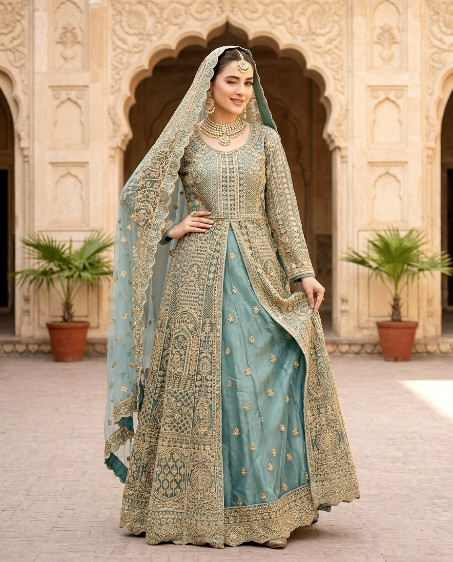 Mah-e-Meer Front Open Maxi With Lehengha