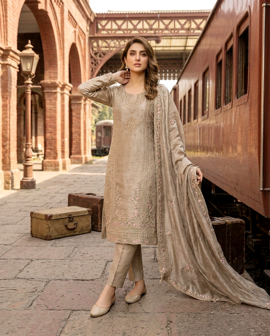 Azure Serenade 3 Pcs Embroidered Suit