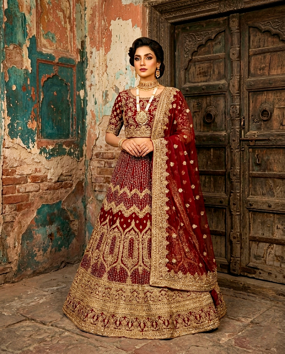 Crimson Gilded Lehenga Set (Unstitched)