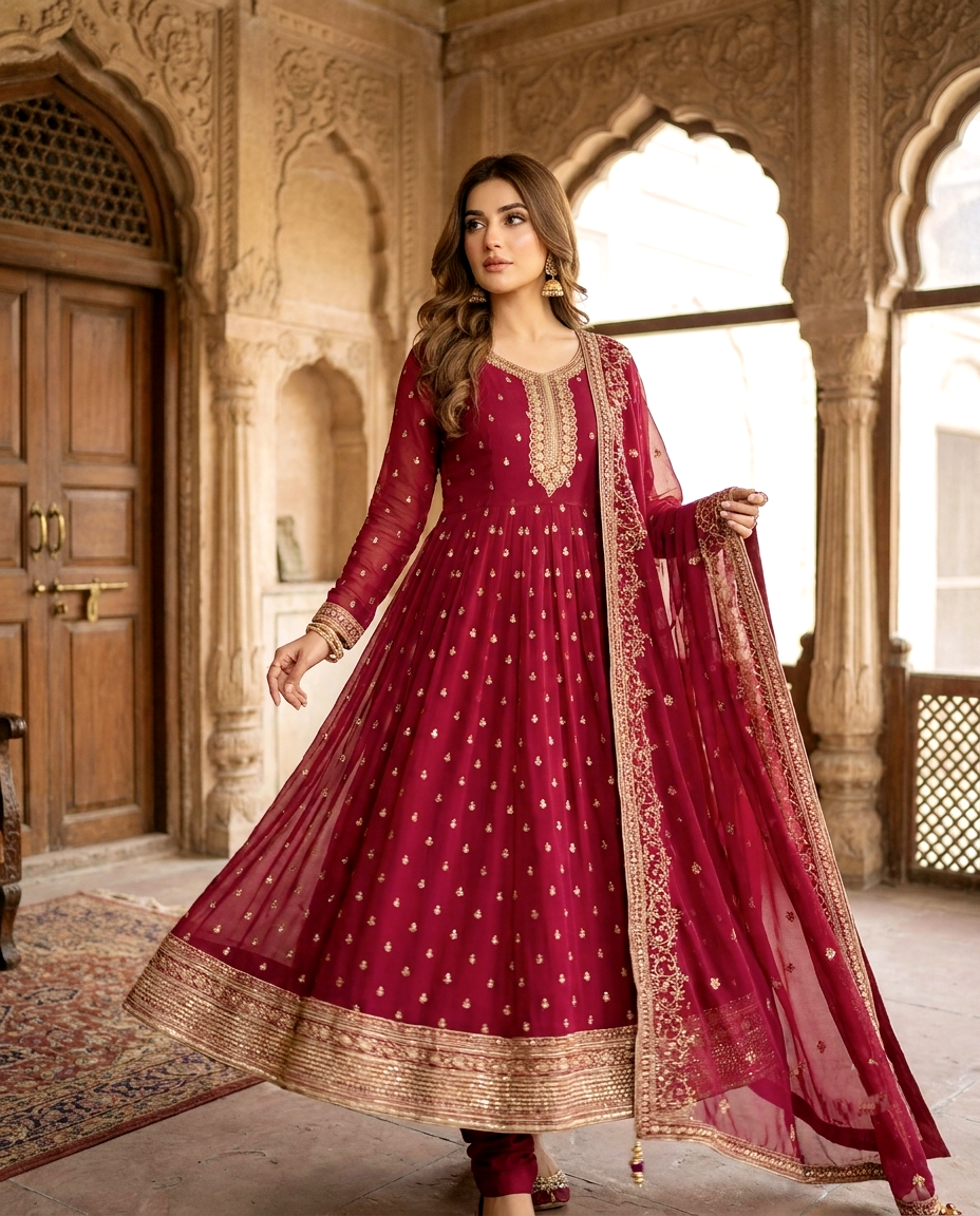 Chiffon Golden Zari Frock 726 (Unstitched)