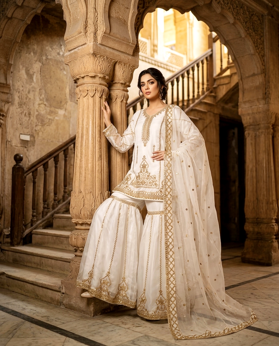 Afsaneh Ivory Organza Gharara Set