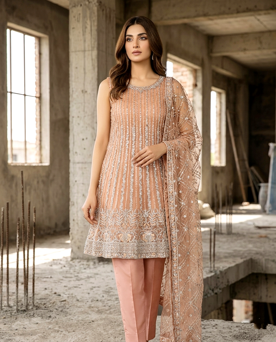 Zarnish 2 Net Short Frock (Semi Stitched)