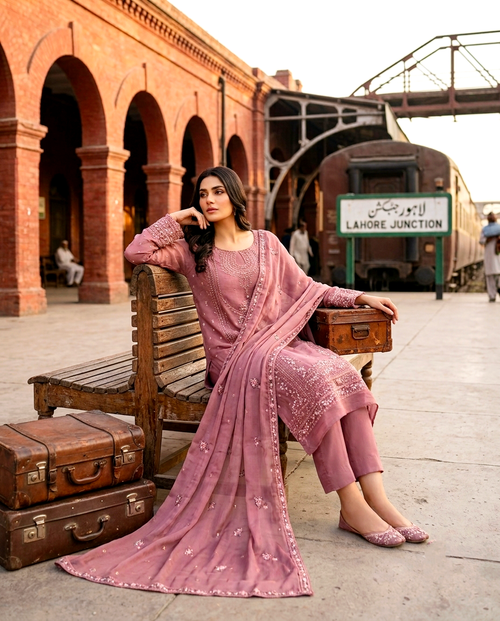 Azure Serenade 3 Pcs Embroidered Suit