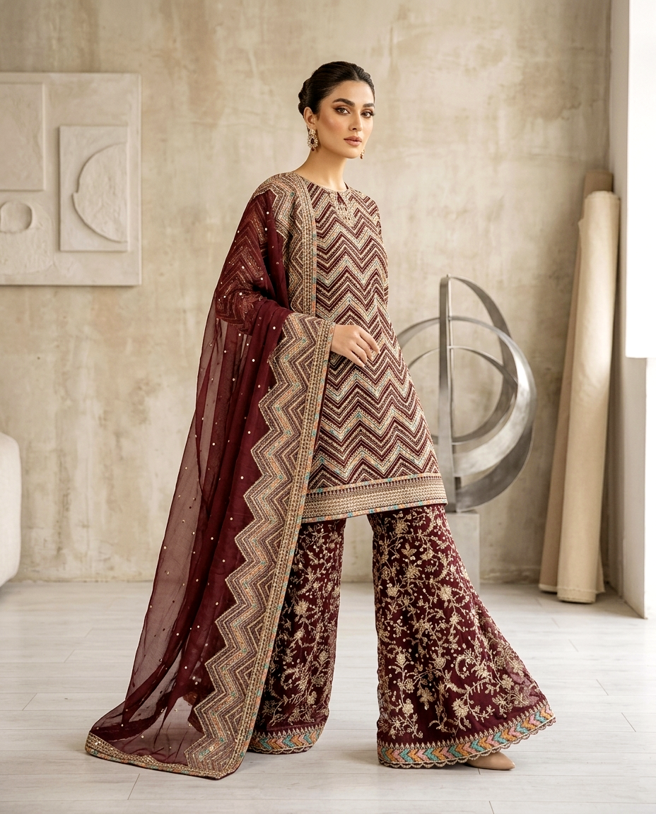 Multi Zari Embroidered Gharara Set (Unstitched)