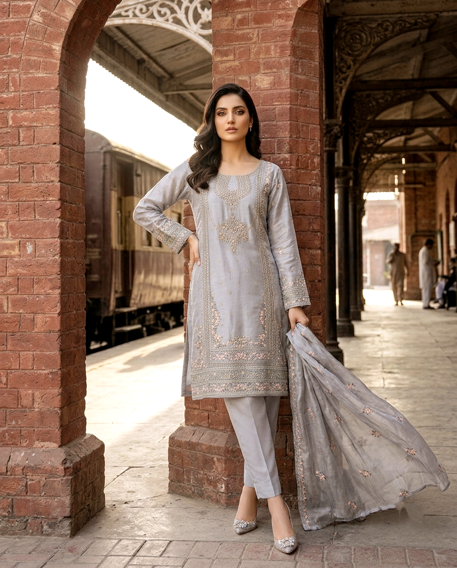 Azure Serenade 3 Pcs Embroidered Suit