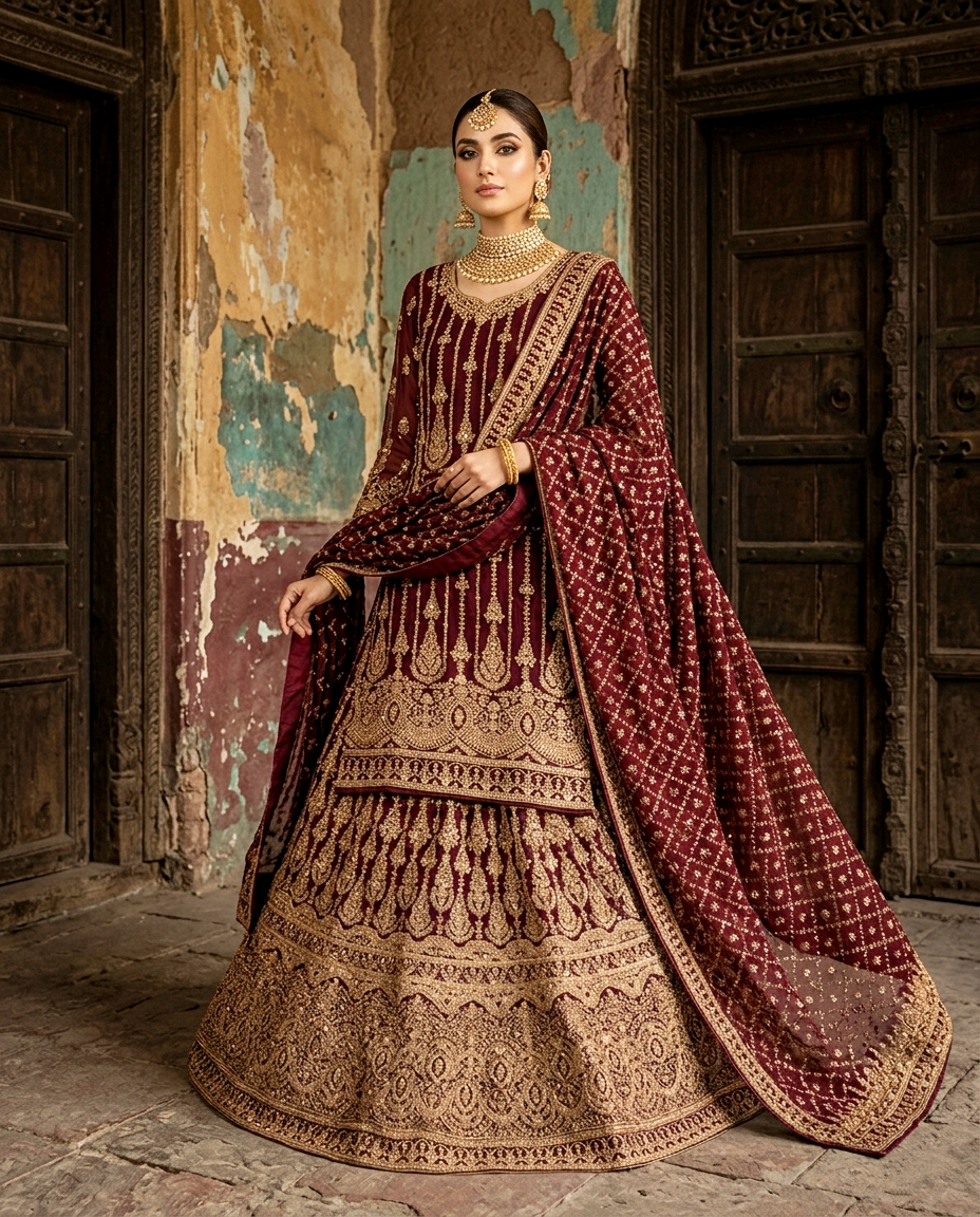 Vintage Wine Bridal Lehengha (Unstitched)