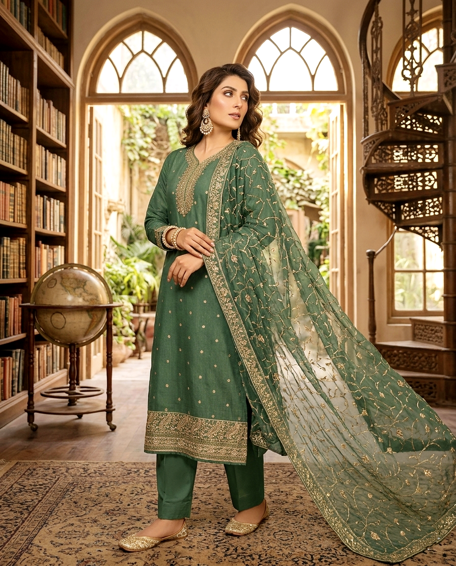 Emerald Allure Cotton Jacquard (Unstitched)