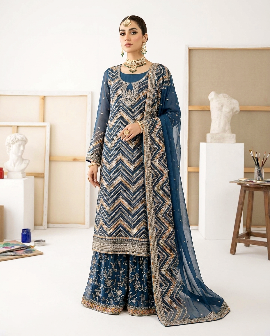 Multi Zari Embroidered Gharara Set (Unstitched)