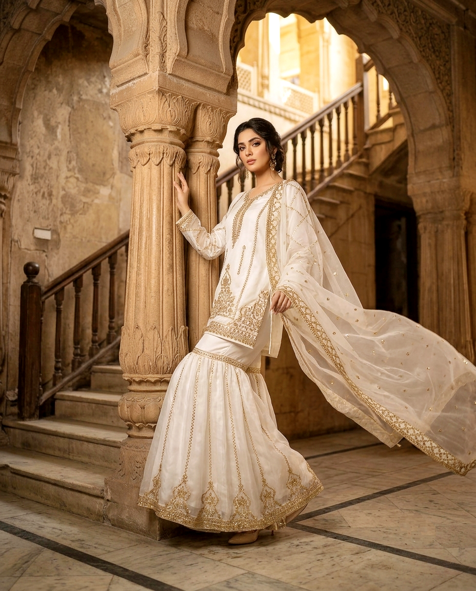 Afsaneh Ivory Organza Gharara Set