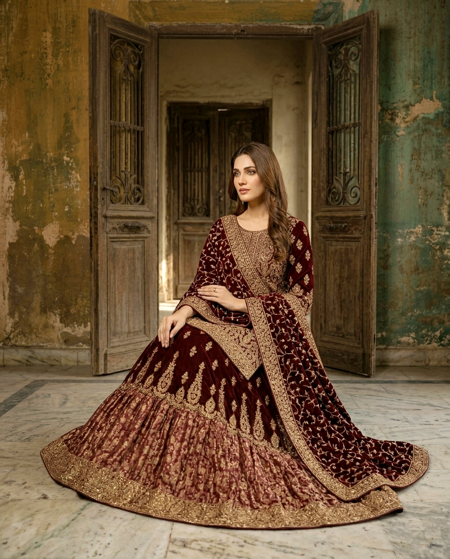 Banarsi Flair Maron Bridal (Unstitched)