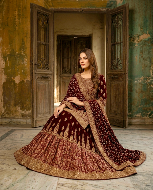 Banarsi Flair Maron Bridal (Unstitched)